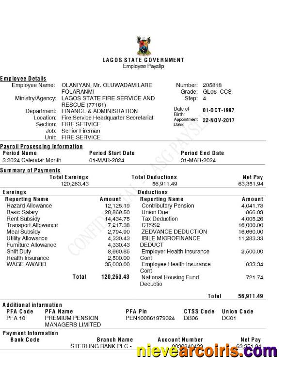 Lagos State Government employee payslip